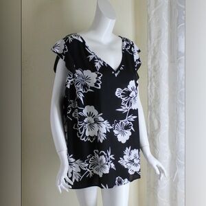 Talbots Black and White Floral V-Neck Blouse
